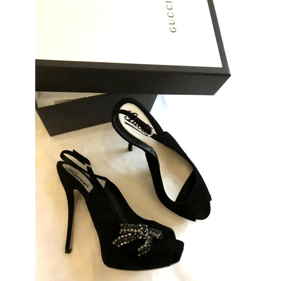 Gucci 7 Platform CRYSTAL BOW Slingback Heels 38 Suede Peeptoe Pumps Rhinestone - Picture 5 of 12